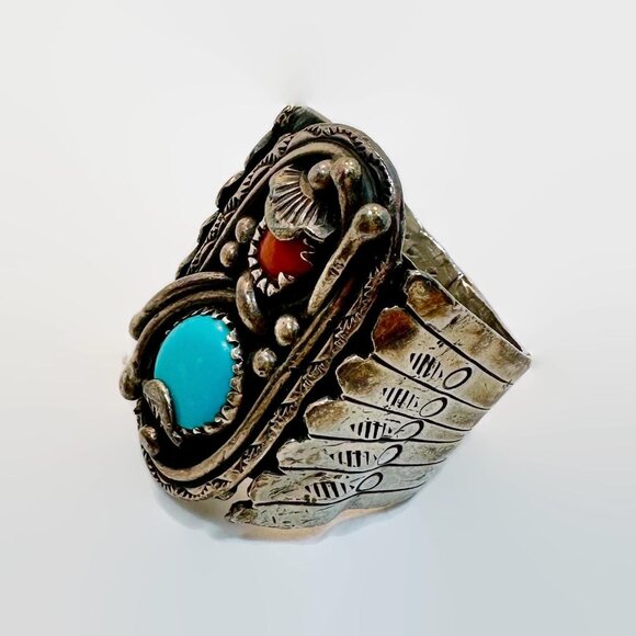 Turquoise Ring, Coral, Sterling Silver, Native American, Navajo, Signed, Joe Tso - Picture 4 of 8